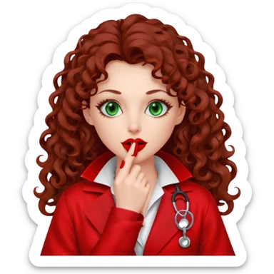 Lilith symbol sexy evil woman. She has green eyes.  had brown long curly hair.  evil surgeon kills with scalpel wears red sexy doctor coat with red mouth cover red gloves. Covers nose, neck  and mouth with red cloth sticker