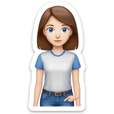 Teacher with brown hair and blue eyes wearing jeans and a te shirt sticker