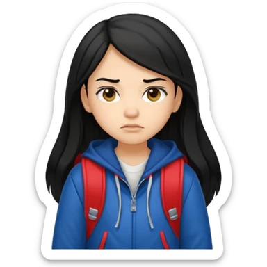 college student with annoyed face , black hair , with varsity jacket and backpack , girl, long hair,  sticker