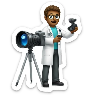 Scientist taking a photo with a big camera while wearing a lab coat sticker