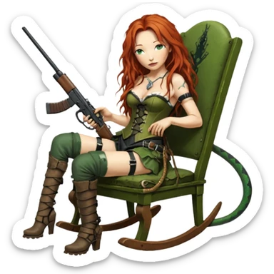 solarpunk ultra HD very old and tired Tori Amos casually crouches on a rocking chair in a torn corset, holding a double-barreled rifle and with muddy feet. a big snake wrapped itself around the chair sticker