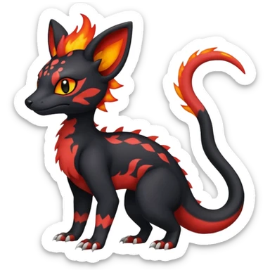Rare realistic cute gothic Salandit-Litten-Quilava-Genet-species-Fakemon-hybrid-creature, with fiery markings, full body sticker