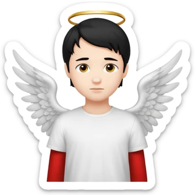 angelic boy with black hair, white t-shirt, angel wings sticker
