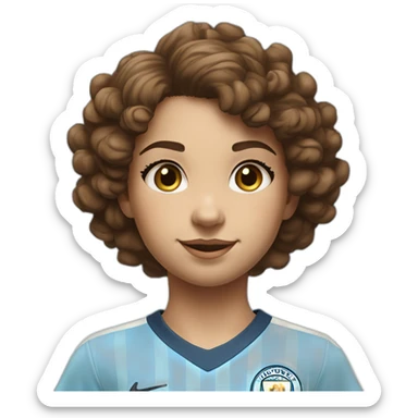 girl with short curly brown hair and eyes wearing Manchester City football shirt, fluro orange soccer boots, number 15, standing with a soccer ball sticker