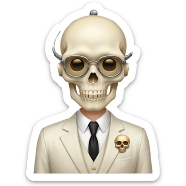 cinematic realistic - Megadeth icon - Megadeth - a gentleman in an ivory ethereal suit, with a skull instead of a head, and a metal plate with screws over his eyes instead of glasses sticker