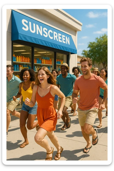 tante persone che corrono a comprare le creme solari sticker