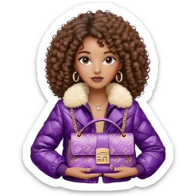 Beautiful black woman with curly hair. She is wearing a brown monogram Fendi jacket with a fur trim. She is carrying a Fendi Baguette
Purple sequined bag. I want the image close up. The jacket is not purple.  sticker