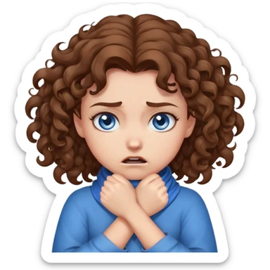 an angry girl with curly brown hair, blue eyes, and fair skin wrapping her hands around her neck sticker