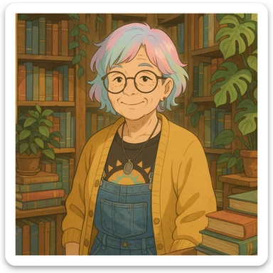 Gen Z librarian granny with pastel hair, hip clothing, surrounded by books and plants, warm expression, ghibli style sticker