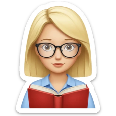 blonde girl with glasses reading sticker