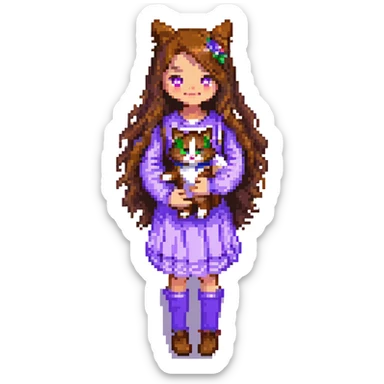 Add a simple, cheerful background to the scene with a girl with long, wavy brown hair, brown eyes, purple clothes, holding a three-color cat, in pixel art style. sticker