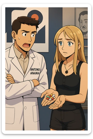 fai un webtoon/manga a colori con questo kinesiologo in camice bianco (fagli la scritta "ANTONIO ANANIA" SUL CAMICE) CHE PARLA CON QUESTA RAGAZZA CON GLI OCCHI AZZURRI. LA RAGAZZA HA UN PUGNO DI INTEGRATORI IN MANO (TANTE PILLOLE DIVERSE) E LE GUARDA DUBBIOSA. IL KINESIOLOGO CON IL CAMICE BIANCO LE DOMANDA UNA COSA SCIOCCATO. NON FARE I FUMETTI, FAI SOLO LORO COME SE DIALOGASSERO sticker