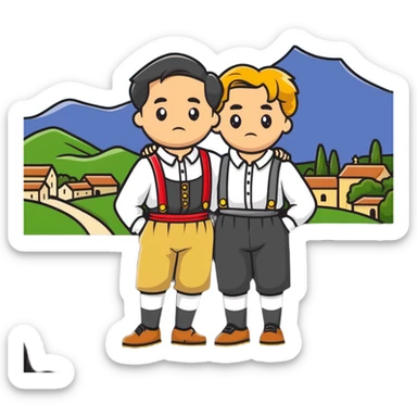 a German in typical Bavarian clothing shrugging and looking lost with Sicily in the background sticker