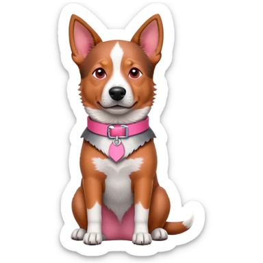 3D style Australian cattle dog with red coat sitting upright, facing forward, wearing a pink collar sticker