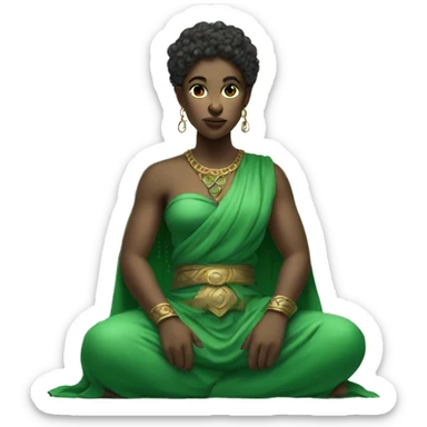 seated female god wearing green clothes  with piercing gaze  sticker