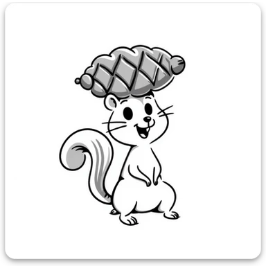 A greedy little squirrel with a large pine cone balanced on top of its head, making a strange, creepy expression sticker