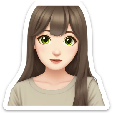 long Brown hair  shorter curtain bangs long layered straight hair  174cm pale skin skinny legend big green eyes Japanese/korean has dimple’s sticker