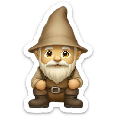 side view of gnome with light tan pants and boots squatting on top of small brown mud sticker