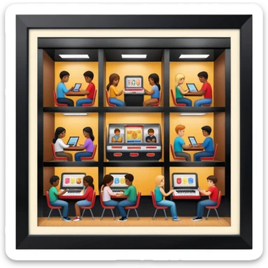 Birdseye view of large study space with students working separately add students add a jukebox sticker