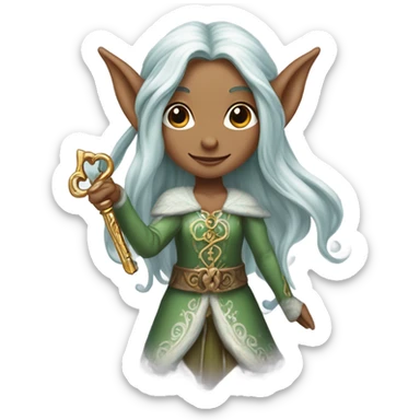 an elf woman login holding a big key sticker