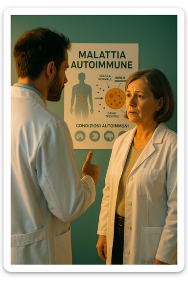 Realistic, detailed photo taken from behind of one doctor e un paziente —a bearded man and a middle-aged woman—standing and facing each other as they discuss an autoimmune disease diagnosis in front of a medical chart that displays information about the immune system and autoimmune conditions. The scene is illuminated by a yellowish, orange, warm light that softly envelops the doctors. The entire room is bathed in a single green-blue color, creating a cohesive and modern atmosphere. Both doctors wear white coats, and their body language suggests a serious, professional conversation about the complexities of autoimmune diseases. Shot with a Canon EOS R5, with high detail and natural depth of field. scritto in italiano sticker