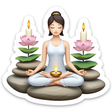 A photorealistic icon featuring a peaceful meditation pose, lotus flowers, candles, and calming natural elements like stones and incense. Soft, tranquil colors with detailed textures and lighting that convey a sense of calm and mindfulness. Transparent background. sticker