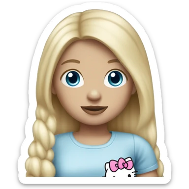 A girl with blonde hair and blue eyes with a hello kitty plush sticker