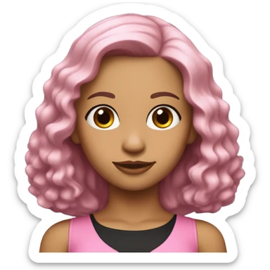 Una chica piel blanca con cabello ondulado negro y largo hasta los hombros, con lindas pestañas y un top rosa sticker