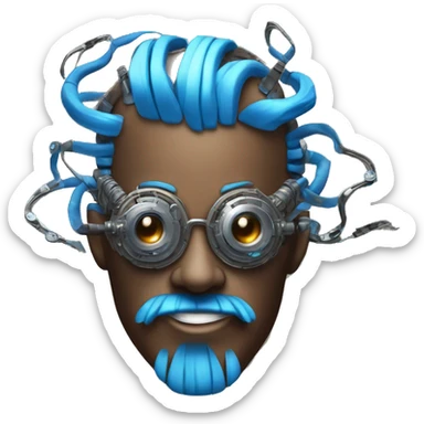 Brown cyborg head with blue Mohawk, blue beard, silver steampunk monocle goggles a smile and circuits sticker
