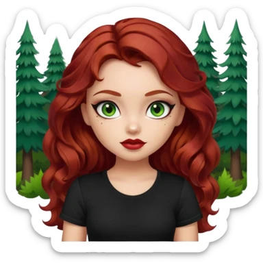 a pretty fair bratz girl with wavy dark red hair, wearing a black tee. eyeliner on, forest green eyes. Waist up sticker