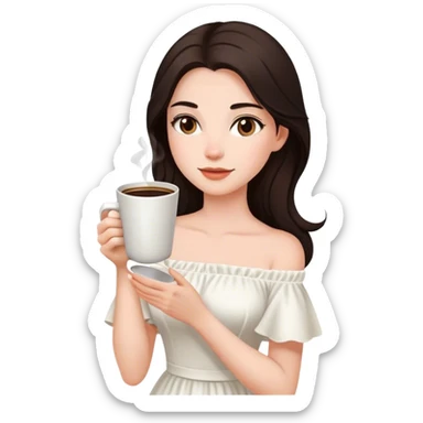 Beautiful woman in 1950’s woman fashion look, off-shoulder white dress, long dark brown hair, coffee sticker