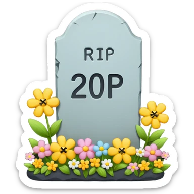 Cute emoji illustration of a tombstone with text "RIP 20’s", small flowers, ironic and playful mood, pastel colors, minimal flat emoji style, clean background, high resolution, suitable for WhatsApp profile and print sticker