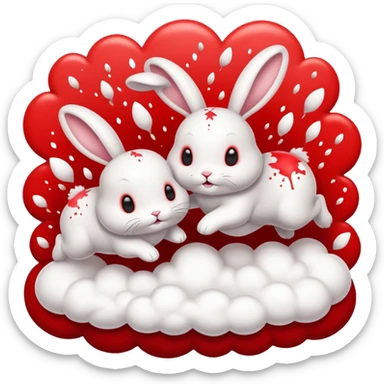 a cute little fluffy bunny is jumping on top of another cute fluffy bunny. the bottom bunny is exploding in a cloud of splatter. similar to the game jump and bump. simplified, minimalistic, emoji style. sticker