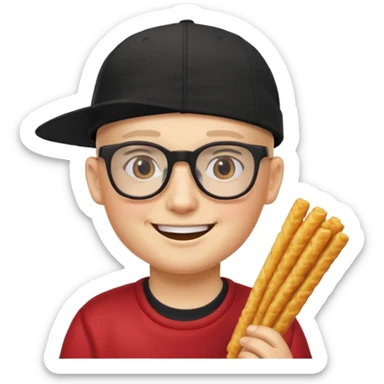 num num eatting hashbrown sticks with a plain black cap and glasses no hair sticker