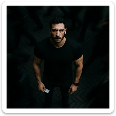 Create a cinematic overhead shot of the person from the reference image. The person should be athletic and well-muscled (not exaggerated, but clearly fit), standing still on a brick city sidewalk. Remove the headphones and change the shirt to black. Surround the subject with a motion-blurred crowd rushing past. Use moody lighting with a 35mm film look, shallow depth of field, and sharp focus on the subject. The atmosphere should be urban and cinematic. sticker