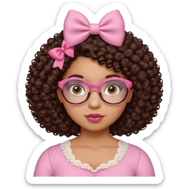 medium-light kinned afro-latina girl with medium length chocolate brown side part curly hair, small pink bow, brown glasses, brown eyes, pink and white sweetheart necklined top with lace, round wide-ish nose, chubby oblong face sticker