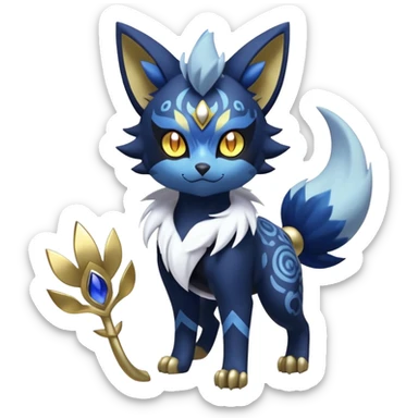 Shiny mExotic Badass Colorfulj Ethereal Royal Mysterious Gothic Meowstic-Zorua-Litten-Noibat-Pokémon-Fakémon-hybrid-creature (full body) with pattern-markings with golden eyes sticker