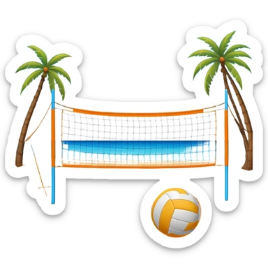 The scene captures a sunny sea beach atmosphere with clear blue sea and sky, palm trees swaying. A volleyball resting on the orange sand ground of a beach, with a volleyball net in the background.  sticker
