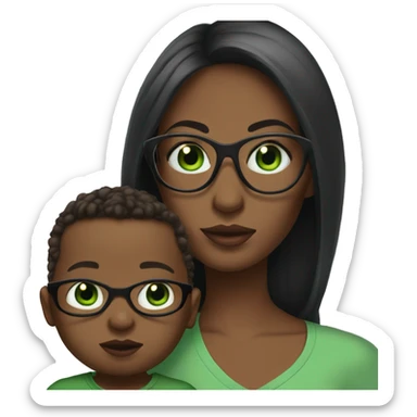 Black not that long straight hair with green eyes and glasses, big lips white girl holding one year old green eyes white baby son sticker