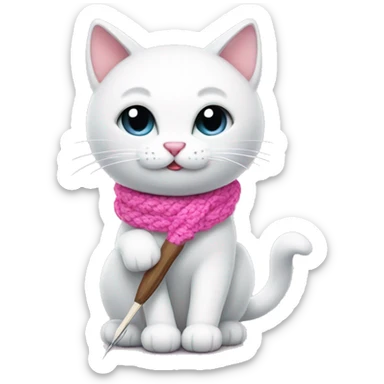 White cat hold pink crochet hook sticker