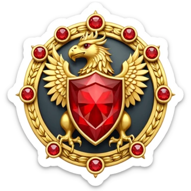 Golden griffin crest / brosch in a circle with red gems and no background sticker