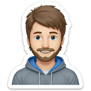 20 year old man, short scruffy beard and thin moustache, brown puffy mullet, blue eyes, big smile, white teeth, big lips, pronounced jaw, hair longer in back, sticking up on top, thin face, grey hooded sweatshirt, pale skin, big smile, blue eyes, puffy hair that is long in back, blue eyes, no bangs sticker