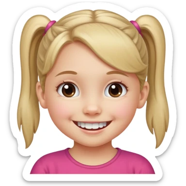 Little girl with ponytail smiling missing two bottom teeth  sticker