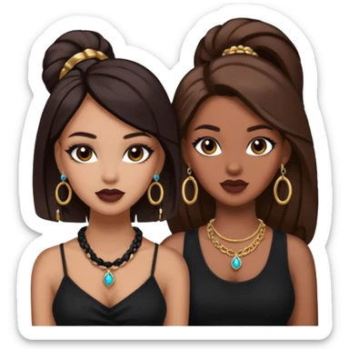 Boujy baddie best friends, trendy heavy makeup both dark hair one light skinned and one mocha brown pretty hair both wearing black and earrings and necklace one mocha brown skin better ones please  sticker