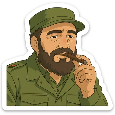 ghibli style illustration of Fidel Castro with a cigar sticker