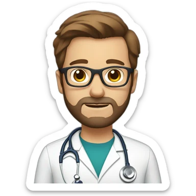 white doctor with short brown hair, big forehead, glasses and beard sticker