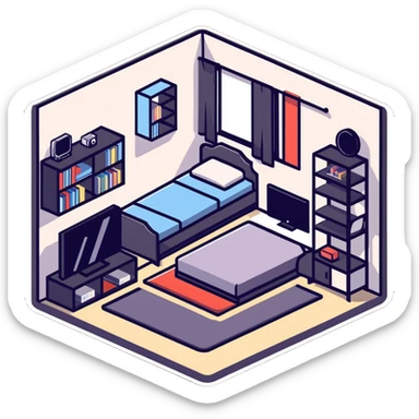 isometric view of teen bedroom layout with gaming setup, bed, and bookshelf sticker