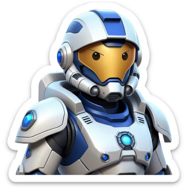 Clash of Clans aesthetic: Cinematic heroic Terran Marine Hero close up Emoji, rendered in a 3D vector-style similar to standard emojis with minimal shading and bold, simplified shapes. A compact, heroic isometric figure clad in futuristic power armor with signature energy accents, softly glowing with a cosmic battle charm. Simplified yet unmistakably iconic, highly detailed and consistent, glowing with a soft radiant shine and high gloss. Stylized with a touch of interstellar valor and a soft glowing outline, capturing the essence of an elite space warrior with a friendly, playful manner! sticker