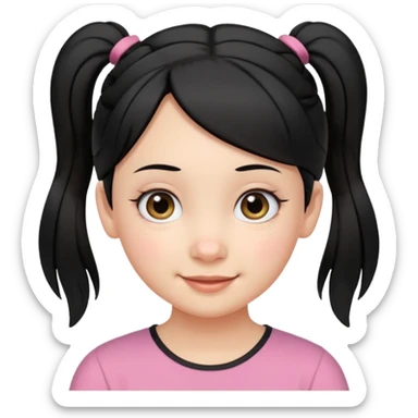 emoji-style portrait of a smiling girl with black hair parted in the middle tied into two small pigtails, round eyes, soft cartoon features, head and upper shoulders, clean lines, minimal white background, vibrant and simple sticker