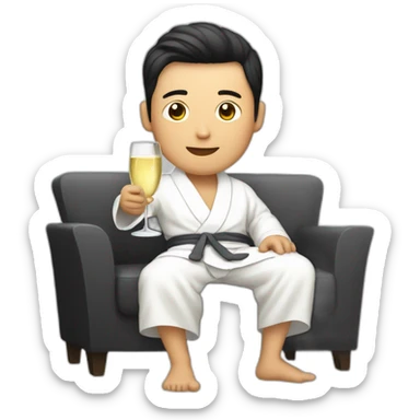 A Korean man in a bathrobe on the sofa with a glass of champagne sticker